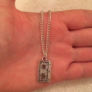 Silver chain necklace with cassette charm, silver cassette necklace, silver mixtape necklace