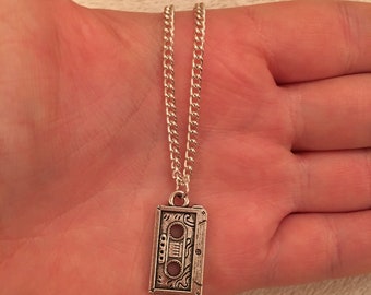 Silver chain necklace with cassette charm, silver cassette necklace, silver mixtape necklace