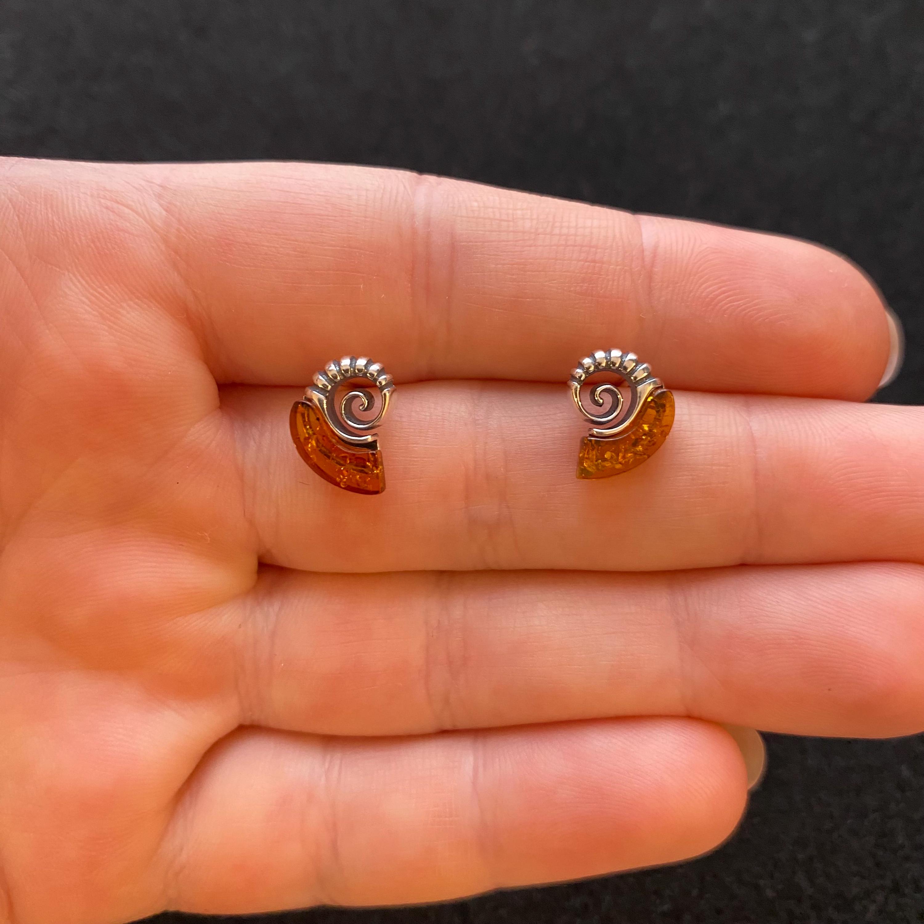 Sterling silver amber fossil studs, sterling silver fossil earrings, sterling silver fossil jewellery
