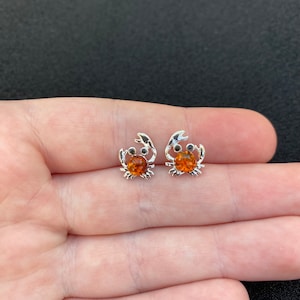 Sterling silver amber crab stud earrings, sterling silver crab earrings, sterling silver crab jewellery