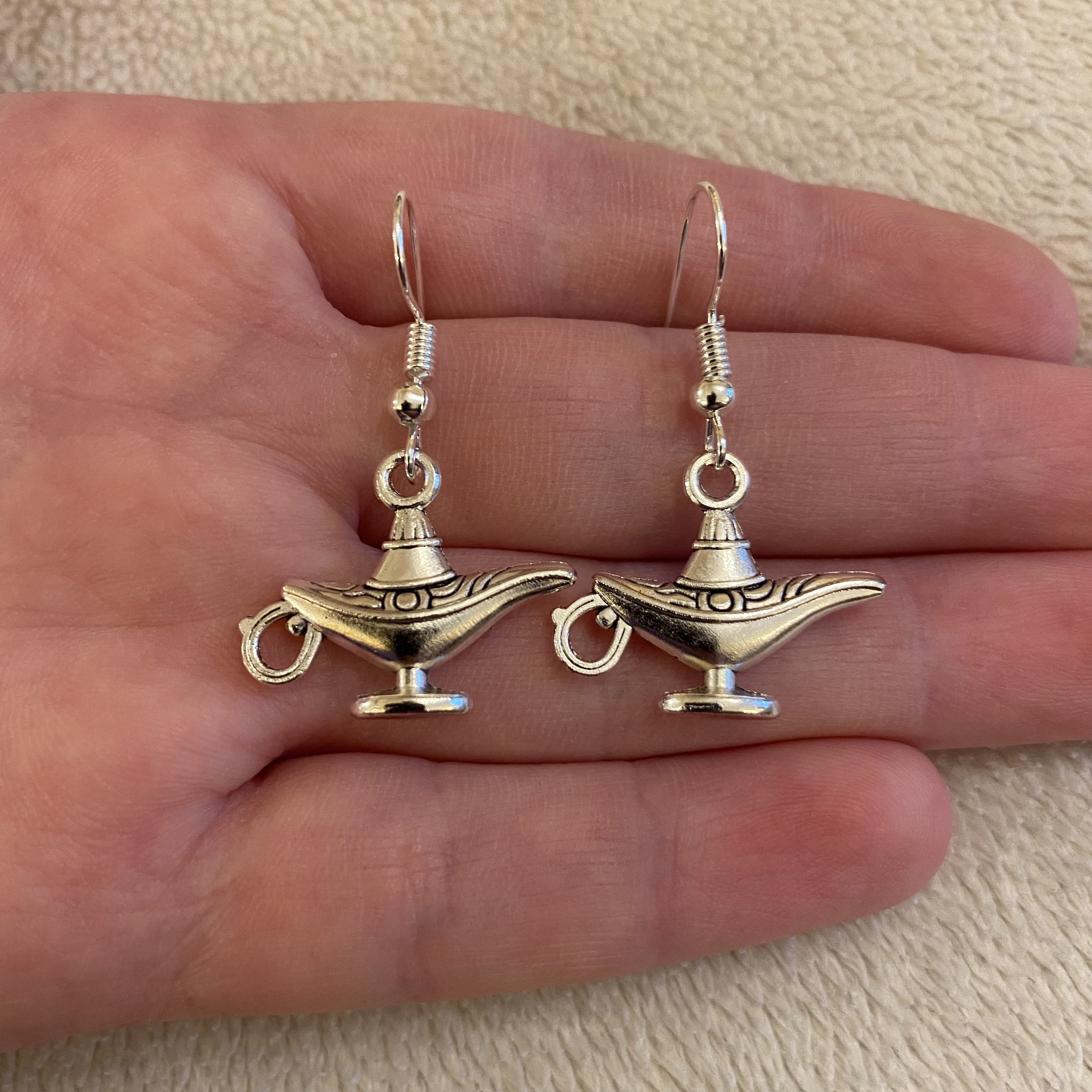 Silver Dangle Drop Earrings With Genie Lamp Charms Genie Earrings Genie Lamp Earrings Magic Lamp Earrings Etsy UK