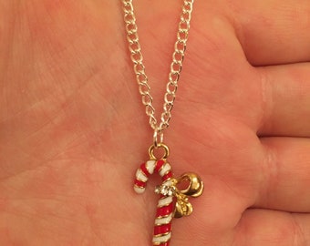 Mireval Sterling Silver Enamel Candy Cane Charm on a Sterling Silver Chain Necklace 16-20 Mireval Sterling Silver Enamel Candy Cane Charm on a Sterling Silver Chain Necklace 16-20
