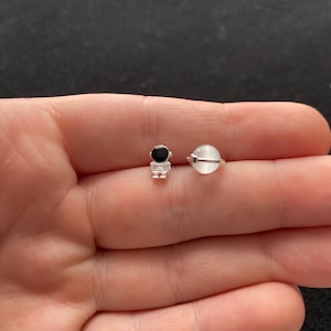 Sterling silver mismatch astronaut and planet stud earrings, sterling silver space earrings, sterling silver space jewellery