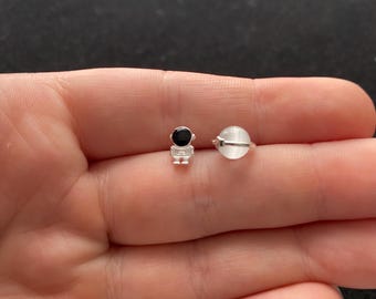 Mismatch Sterling Silver Astronaut & Planet Stud Earrings