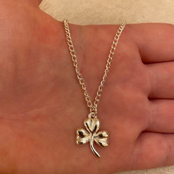 Silver chain necklace with shamrock charm, silver shamrock necklace, st Patrick’s day gift