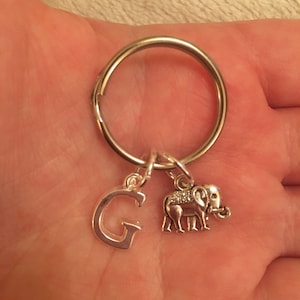 Silver key ring with elephant charm and initial charm, personalised key ring, elephant key ring, initial key ring, stocking filller
