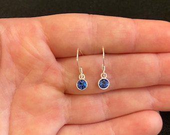 Sterling Silver September Birthstone Dangle Earrings: Sapphire Swarovski Crystal