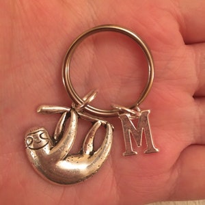 Silver key ring with sloth charm and initial charm, personalised key ring, personalised key chain, sloth key ring, initial key ring