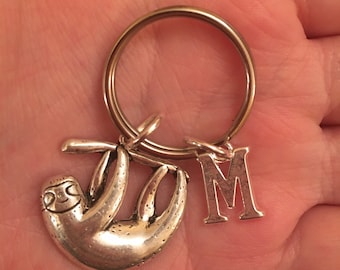 Silver key ring with sloth charm and initial charm, personalised key ring, personalised key chain, sloth key ring, initial key ring