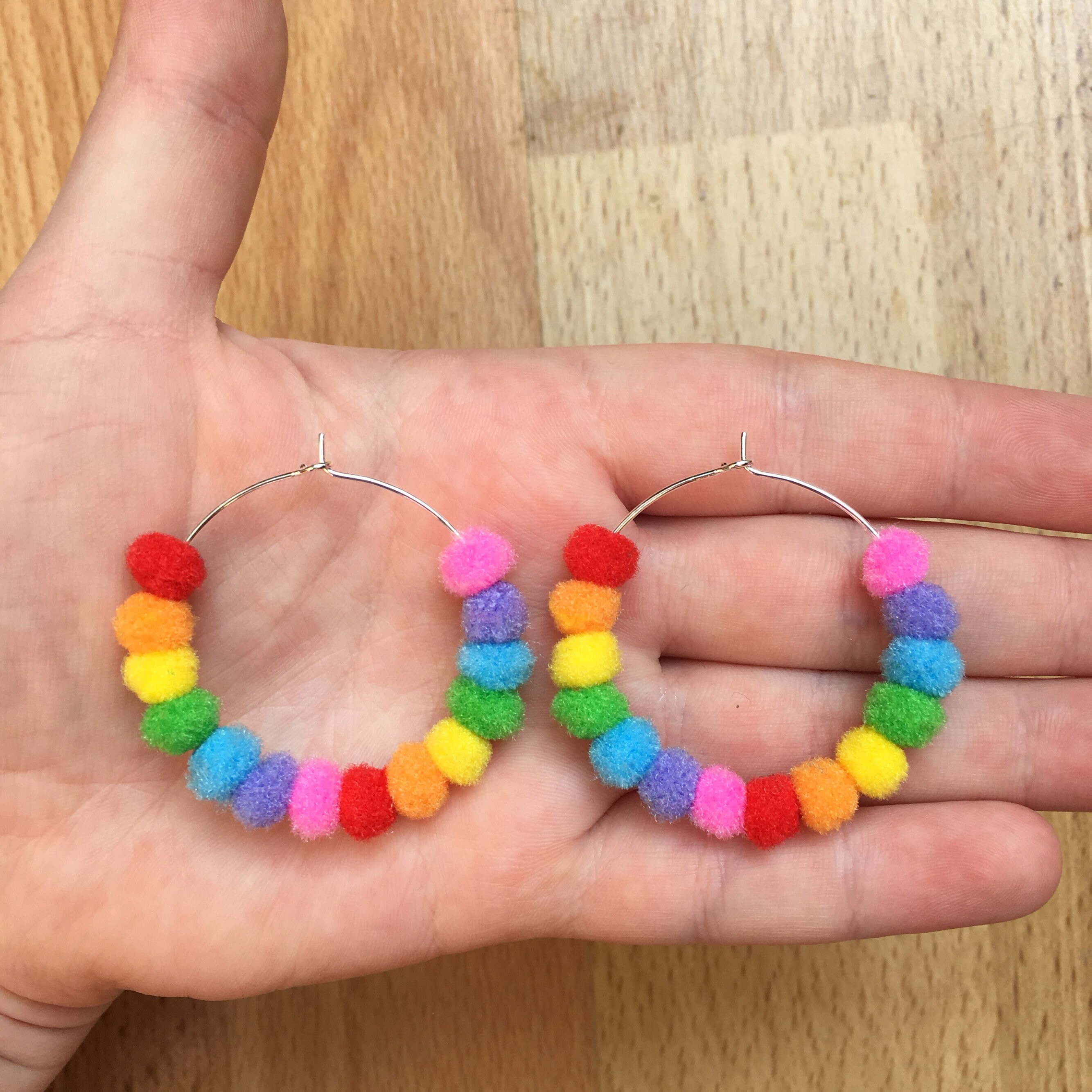 Buy Double Row Rainbow Pom Pom Hoop Earrings Silver Plated 35mm