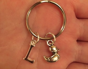 Silver key ring with silver rubber duck charm and silver letter, rubber duck key ring, initial key ring, key chain, stocking filler