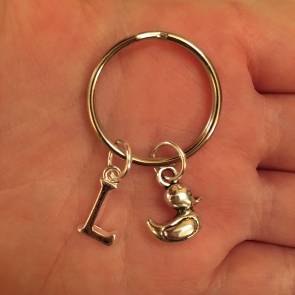 Silver key ring with silver rubber duck charm and silver letter, rubber duck key ring, initial key ring, key chain, stocking filler