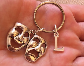 Silver key ring with drama mask and initial charm, personalised key ring, drama mask key ring, theatre key ring, acting key ring