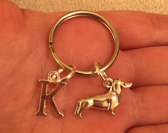 Silver key ring with dog and letter charm, dog key ring, initial key ring, personalised key ring, dog lover gift