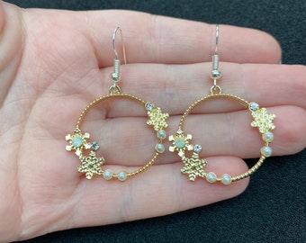 Silver dangle/ drop earrings with snowflake charm with rhinestones and acrylic pearls, snowflake earrings, snowflake jewellery