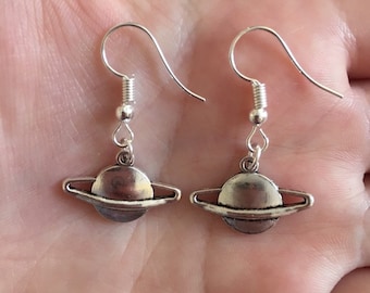 Silver dangle/ drop earrings with silver planet/ Saturn charms, planet earrings, space earrings, Saturn earrings