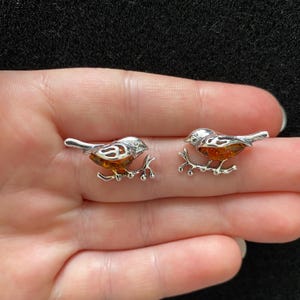 Sterling silver amber robin stud earrings, sterling silver robin earrings, sterling silver robin jewellery