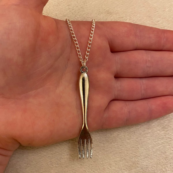 Silver chain necklace with big fork charm, big fork necklace