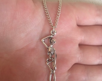 Silver chain necklace with hanging skeleton charm, silver skeleton necklace, skeleton jewellery, Halloween jewellery