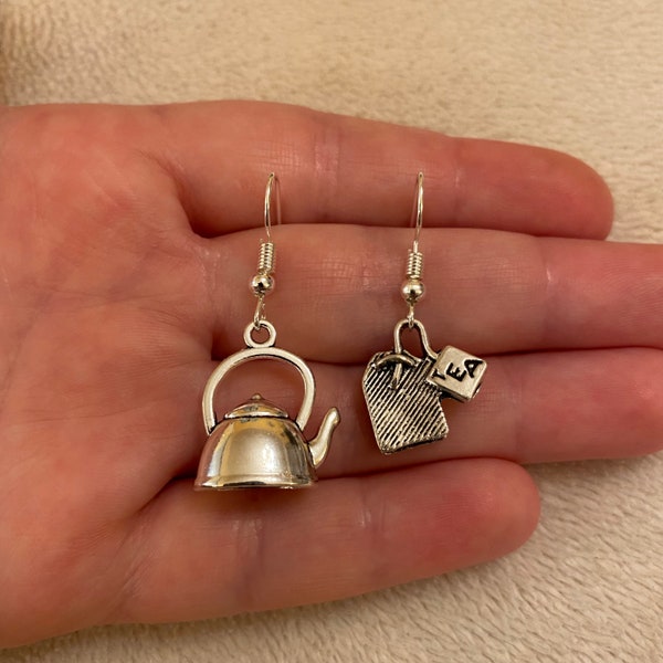 Silver dangle/ drop earrings with kettle and tea bag charms, kettle earrings, tea earrings, tea bag earrings, tea lover gift