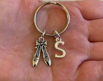 Silver key ring with ballet shoes charm and silver letter, ballet key ring, personalised key ring, initial key ring, stocking filler