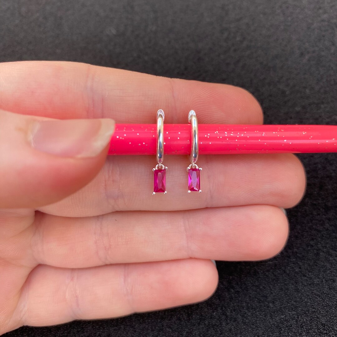 Sterling Silver Horseshoe Huggie Hoop Earrings With Synthetic Ruby