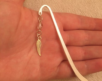 Silver bookmark with bead and angel wing charm, silver angel wing bookmark