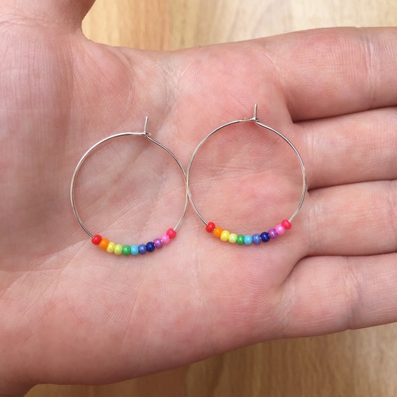Rainbow beaded hoop earrings deals