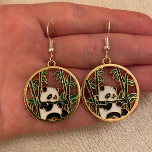 Silver dangle/ drop earrings with panda charms, panda earrings, panda jewellery