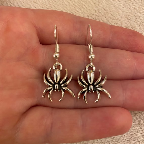 Silver Dangle Drop Earrings With Spider Charms Spider Earrings