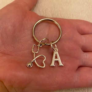 Silver keyring with stethoscope charm and initial charm, stethoscope keyring, initial keyring, nurse keyring, doctor keyring