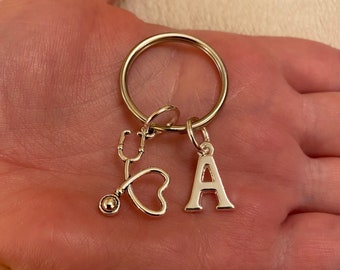 Silver keyring with stethoscope charm and initial charm, stethoscope keyring, initial keyring, nurse keyring, doctor keyring