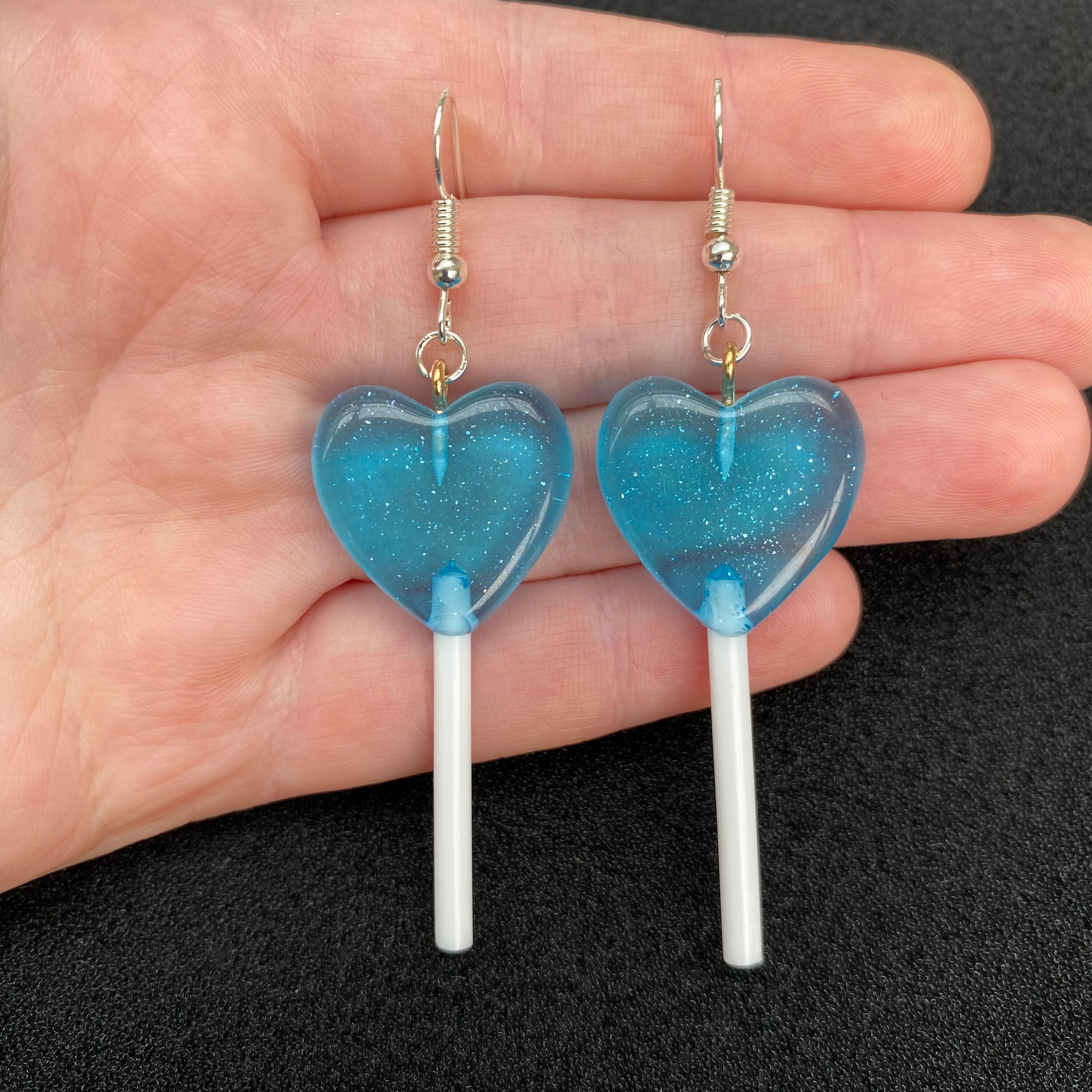 Silver dangle/ drop earrings with blue lollipop charms, blue heart lollipop earrings, lollipop jewellery