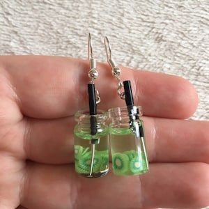Silver dangle/ drop earrings with kiwi juice charms, fruit juice earrings, drink earrings, miniature drink earrings, kiwi earrings