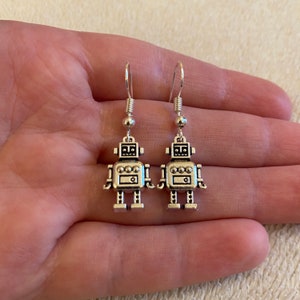 Silver dangle/ drop earrings with silver robot charm, silver robot earrings, secret Santa gift, stocking filler