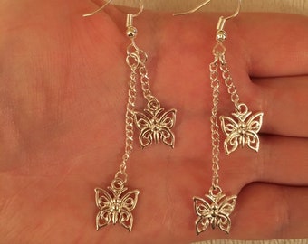 Flying butterfly earrings, silver plated dangle/ drop earrings with double butterfly charms, butterfly earrings, flying butterfly earrings