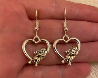 Silver Heart Cupid Dangle Earrings: Angel Cherub Charms