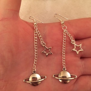 Silver dangle/ drop earrings with flying star and planet charms, planet and star earrings, space earrings, galaxy earrings, Saturn earrings