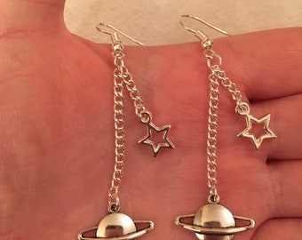 Silver dangle/ drop earrings with flying star and planet charms, planet and star earrings, space earrings, galaxy earrings, Saturn earrings