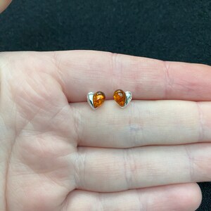 Sterling silver amber heart studs, sterling silver heart earrings, sterling silver heart jewellery