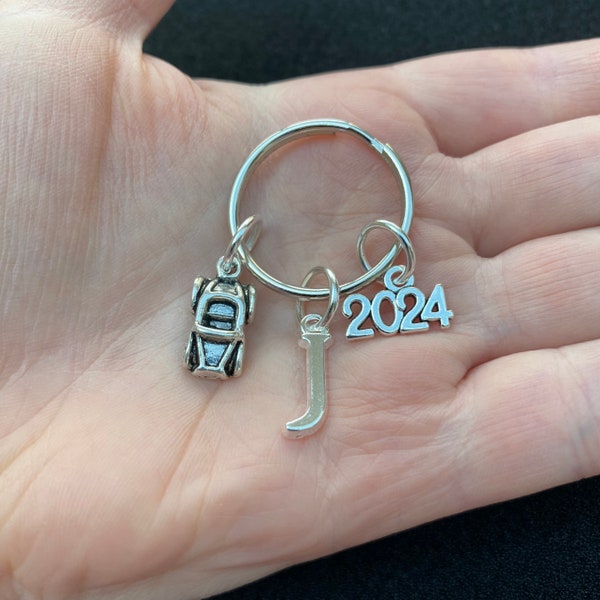 Silver key ring with car charm, 2024 charm and initial, new driver key ring, learner driver key ring, new car gift, driving test gift