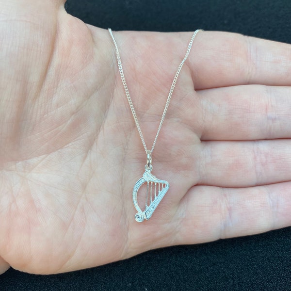 Sterling silver Irish harp necklace, sterling silver Irish harp jewellery