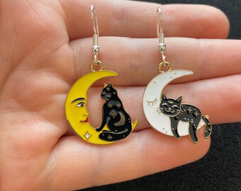Mismatched Cat on the Moon Dangle Earrings: Whimsical Jewellery