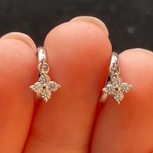 Sterling silver flower huggie hoops, sterling silver flower hoop earrings, sterling silver cubic zirconia earrings