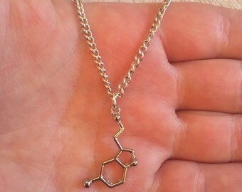 Silver chain necklace with silver serotonin charm, silver serotonin necklace, chemical structure necklace, science necklace, science gift