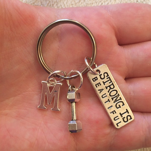 Silver key ring with weights charm, strong is beautiful charm and initial charm, personalised key ring, gym key ring, gym key chain