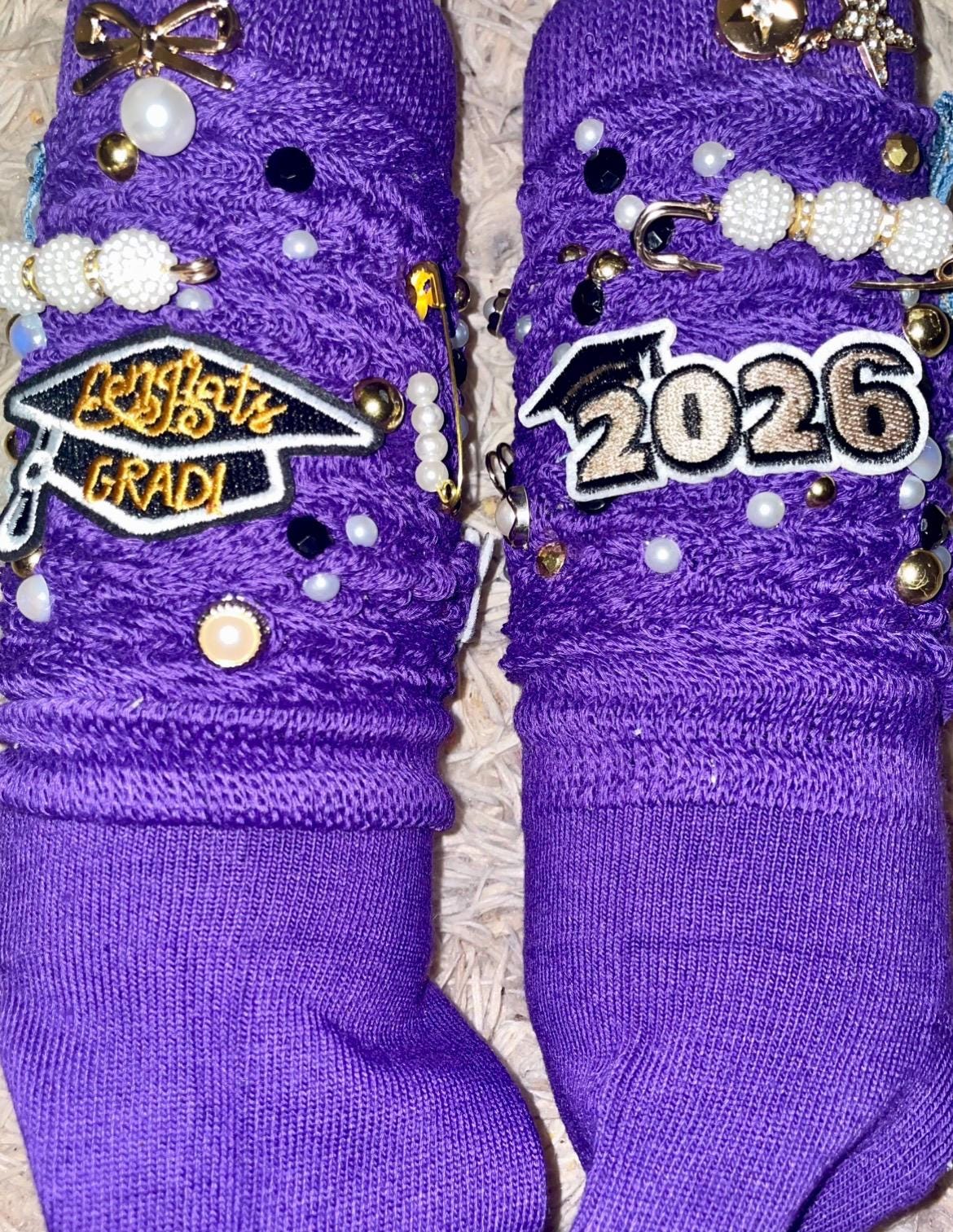 Custom Bling Senior Grad Socks Decorated Pearls, Rhinestones, Patches