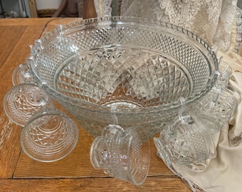 Juego de 8 tazas para ponche de vidrio transparente con punta de diamante vintage