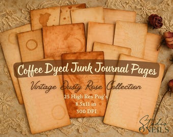 Páginas manchadas de café color rosa empolvado / 25 papeles vintage imprimibles / Páginas para álbumes de recortes con encaje, manchas de café y bordes rasgados / Diario basura