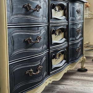 SOLD- Black Stripe French Provincial Dresser - Antique Wide Dresser – Vintage Furniture – Painted Furniture – Distressed decor